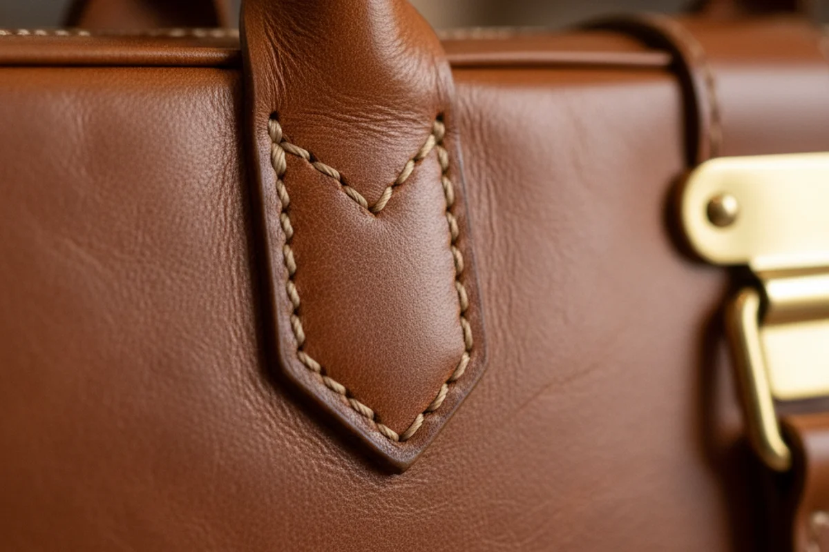 Detail : mallette cuir Box-calf, sellerie et verrouillage laiton