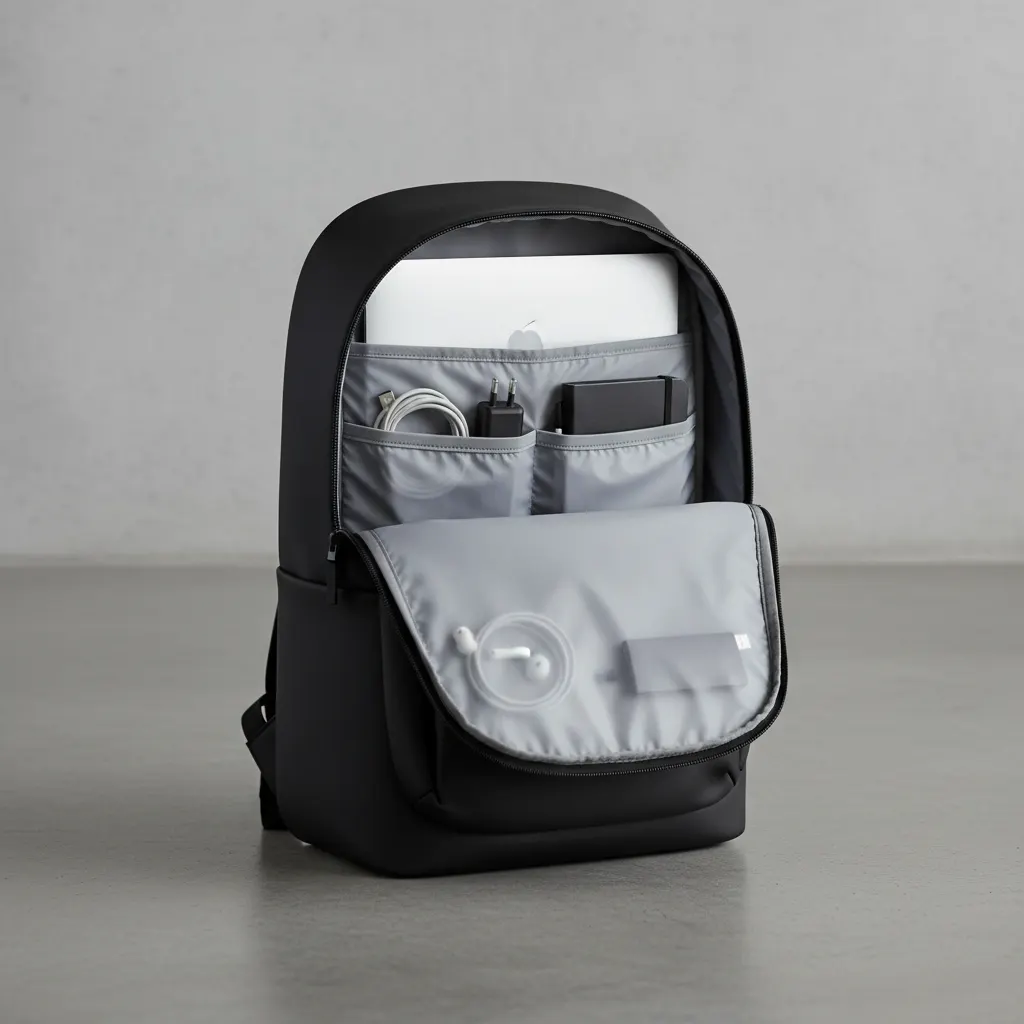 Sac à dos urbain noir 25L ouvert montrant un ordinateur portable 15 pouces dans son compartiment matelassé