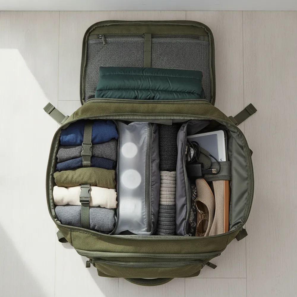 Sac à dos de voyage ouvert montrant son organisation interne