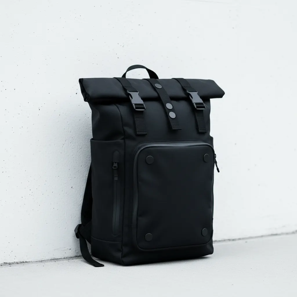 Sac à dos roll-top noir minimaliste sur fond béton blanc