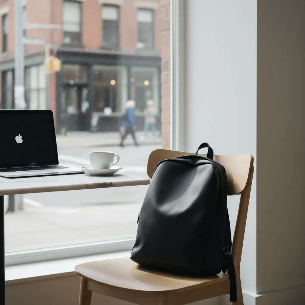 Bureau urbain avec sac à dos et ordinateur portable