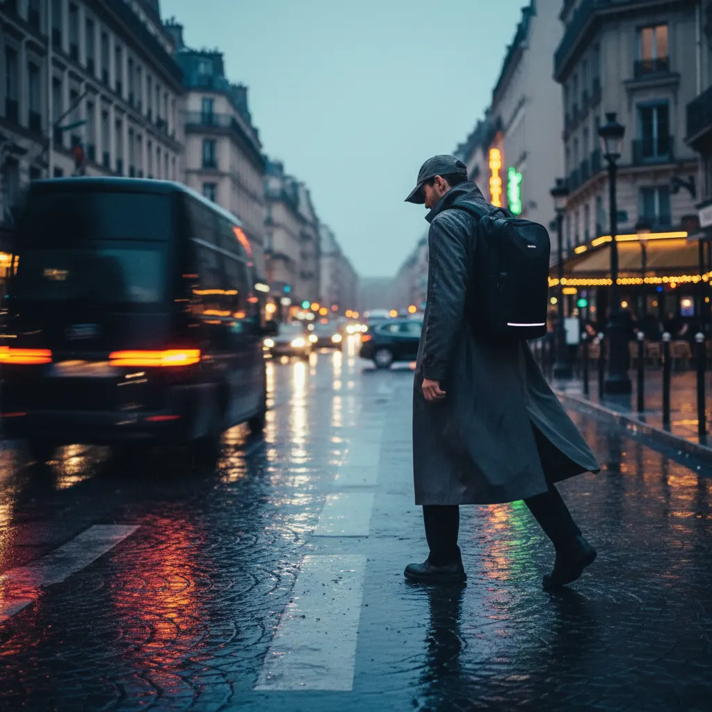Sac à dos urbain noir minimaliste posé sur un banc en bois dans une rue de ville